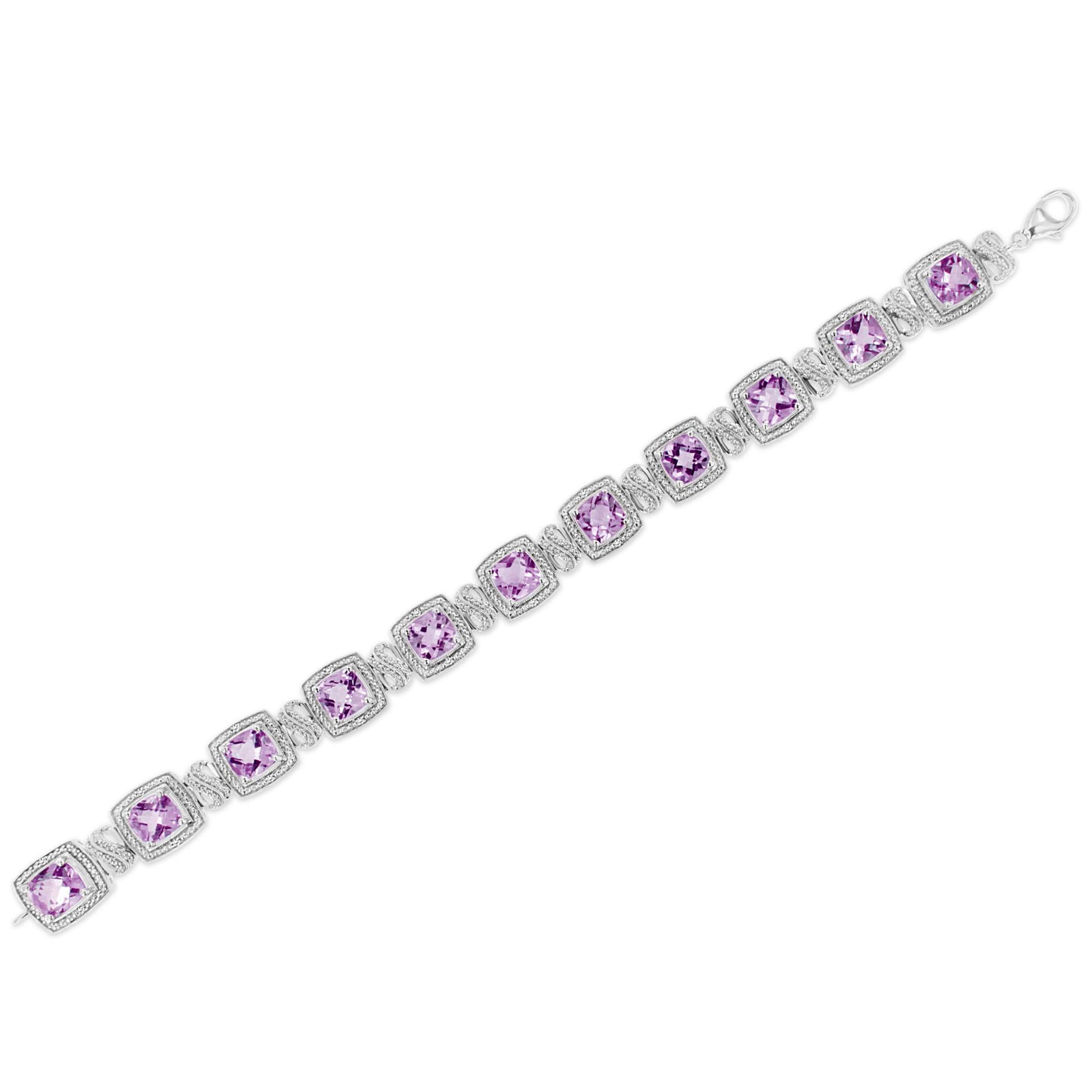 White metal bracelet shown from a top angle with square purple cushion-shaped gemstones set with prongs, alternating with sections of round white pave-set gemstones.