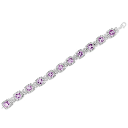 White metal bracelet shown from a top angle with square purple cushion-shaped gemstones set with prongs, alternating with sections of round white pave-set gemstones.