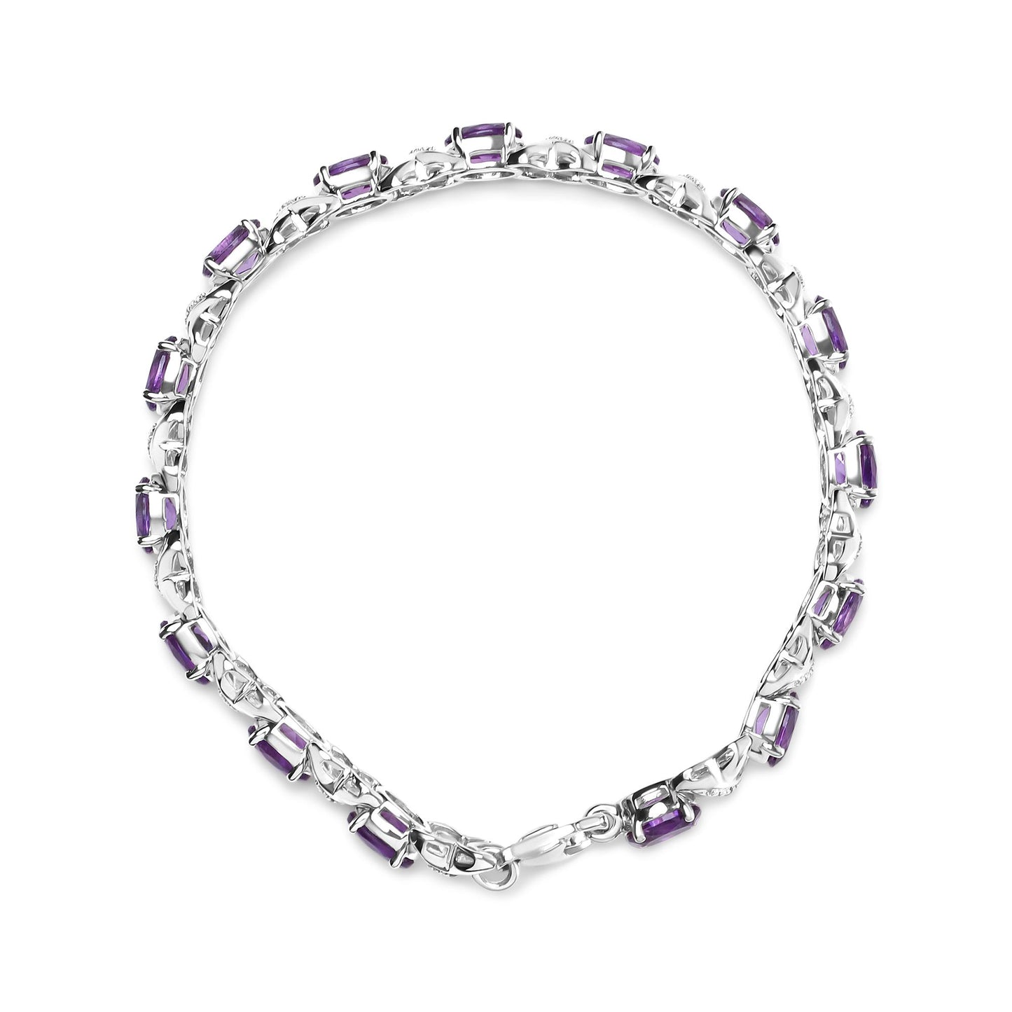 Top-down view of a white metal bracelet featuring rectangular purple gemstones and round white gemstones in prong settings along the band.