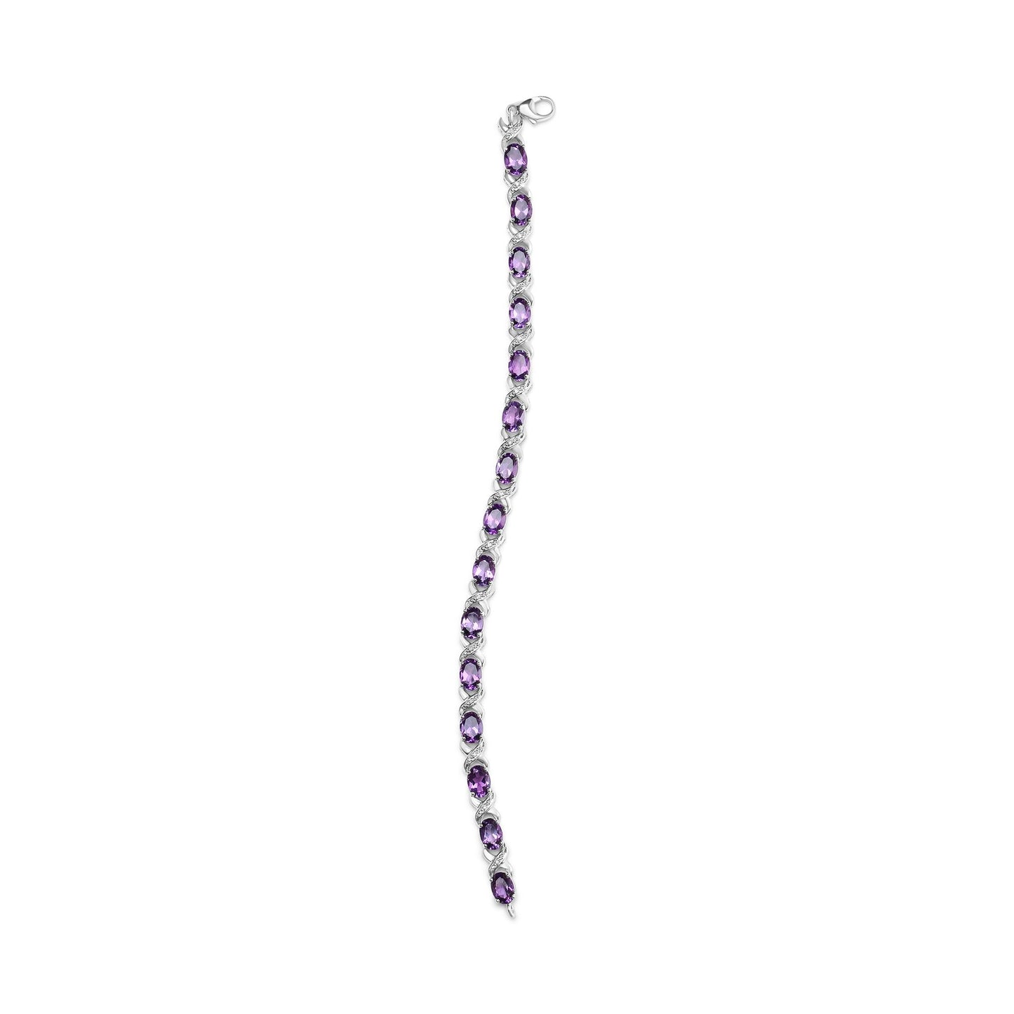 White metal bracelet with alternating purple and white gemstones in prong settings, shown flat from a top-down angle.