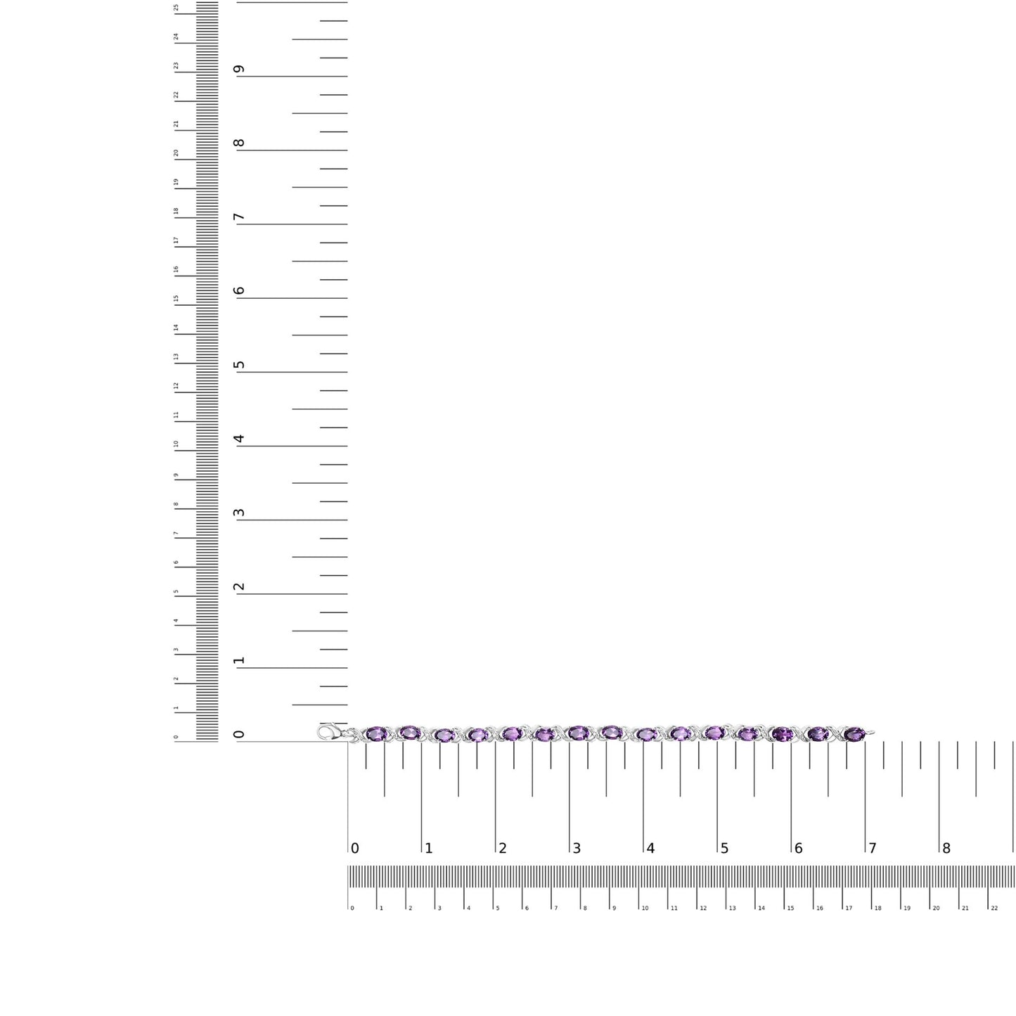 White metal bracelet with oval purple gemstones set in prong settings, laid flat on a ruler for size reference, shot from a top-down angle.