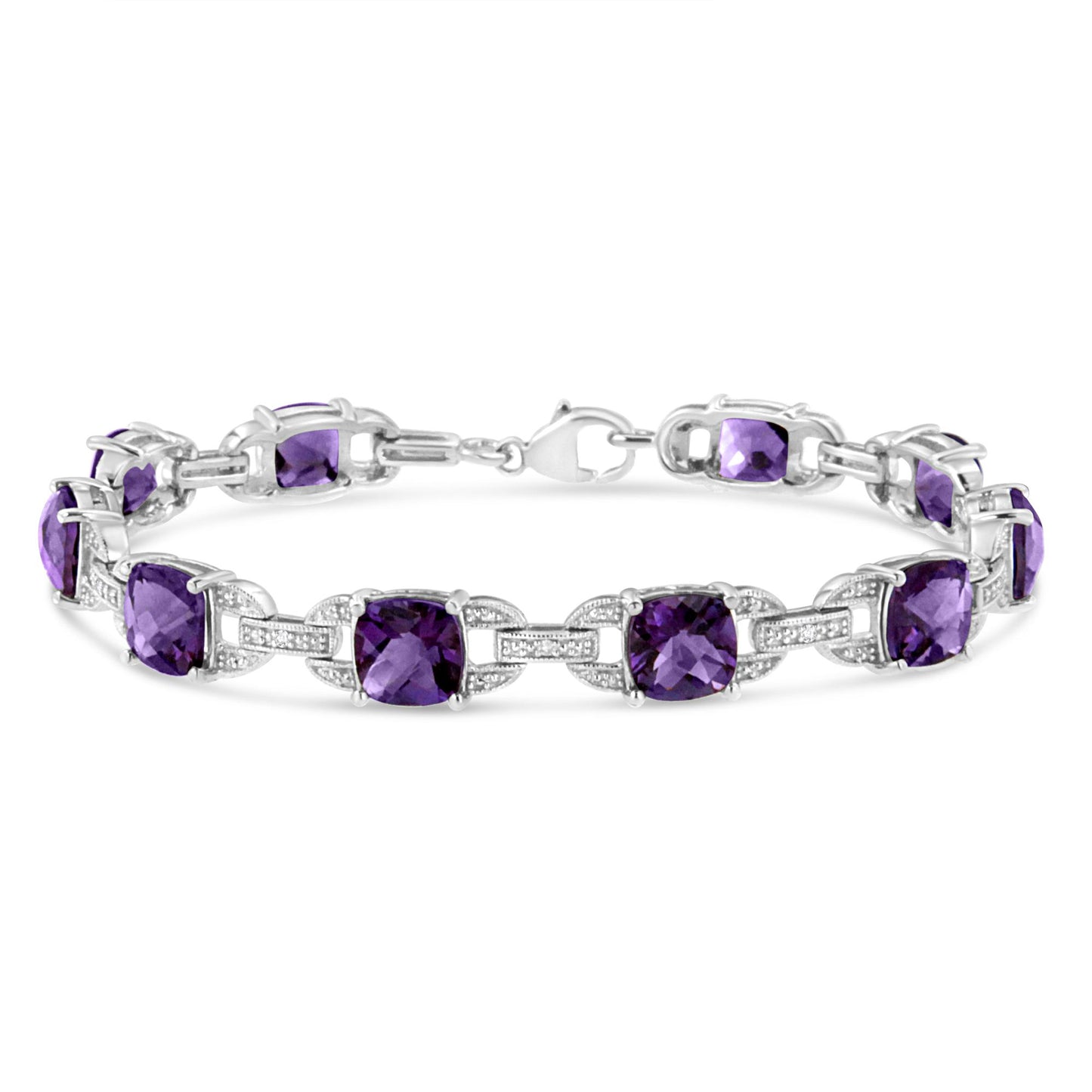 White metal bracelet with purple cushion-shaped gemstones and round white gemstones in prong settings, front-facing angle.