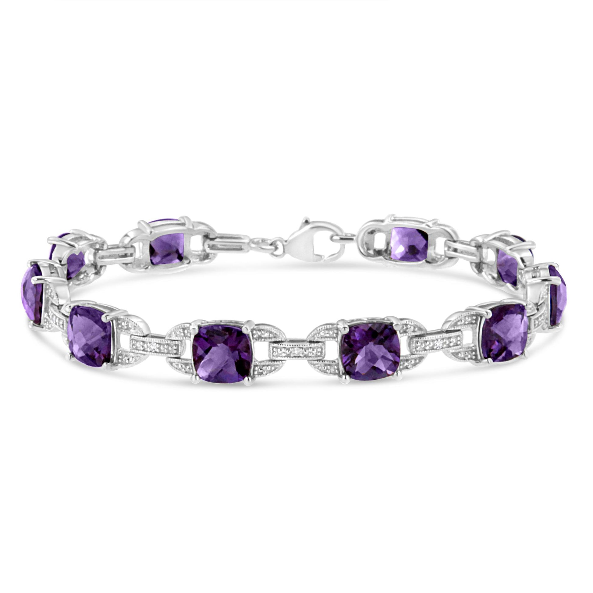 White metal bracelet with purple cushion-shaped gemstones and round white gemstones in prong settings, front-facing angle.