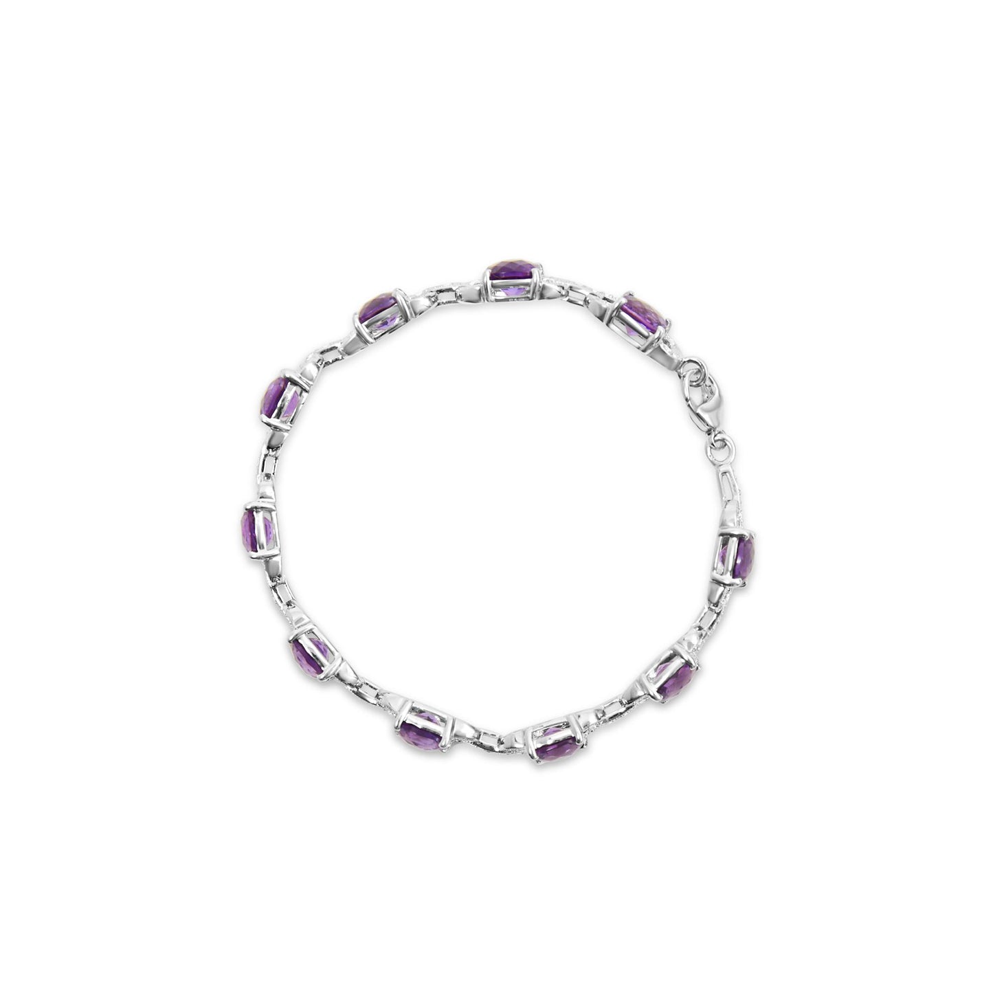 Top-down view of a white metal bracelet featuring alternating round white gemstones and cushion-shaped purple gemstones in prong settings.