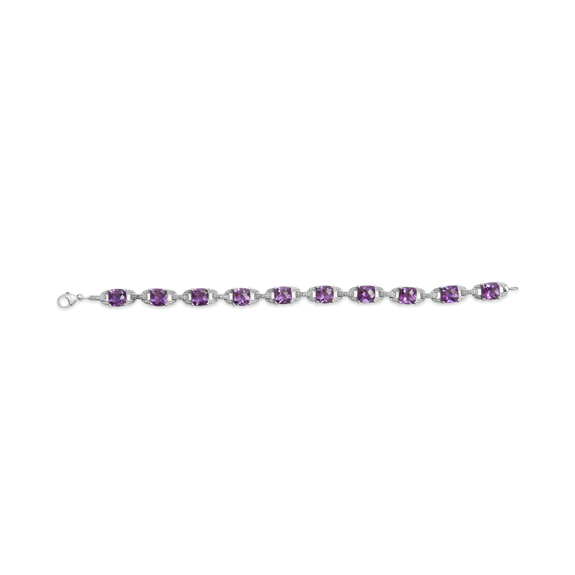 White metal bracelet with alternating purple cushion-shaped gemstones and white round gemstones in prong settings, shown flat from top angle.