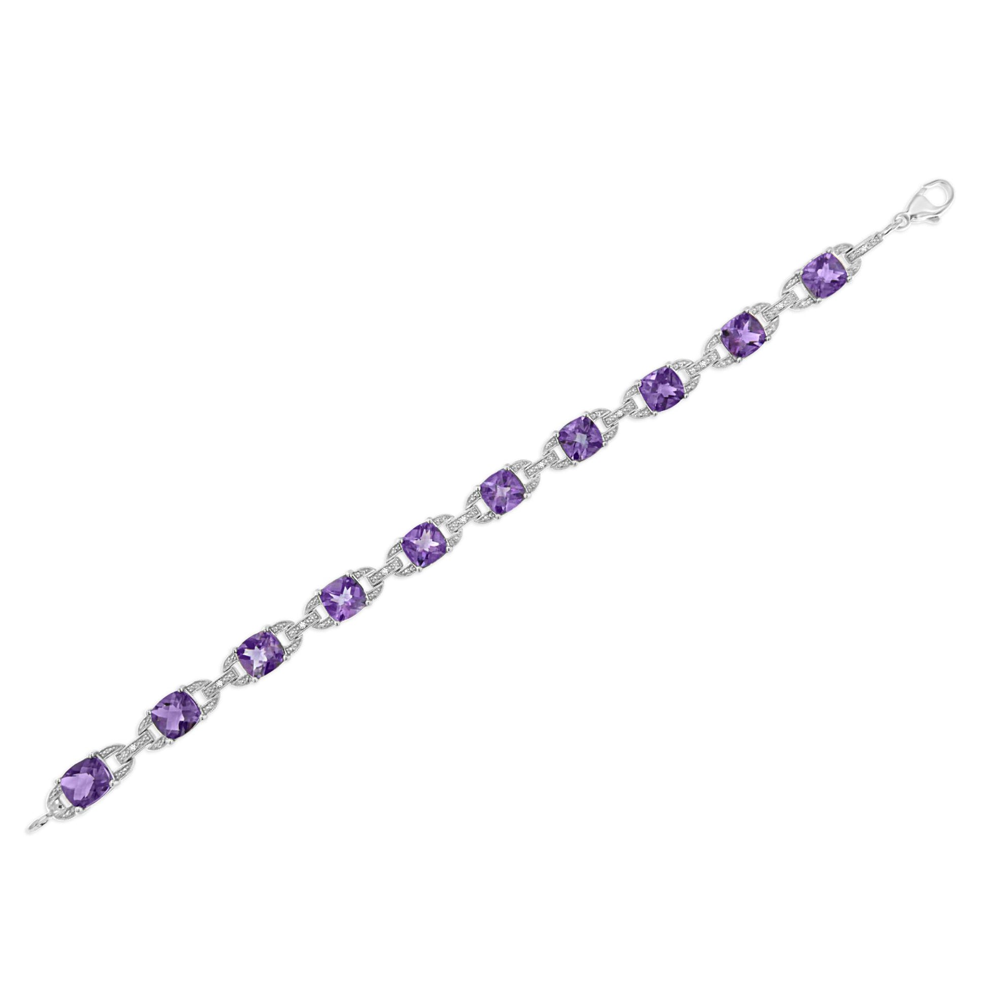 White metal bracelet with alternating cushion-shaped purple gemstones and round white gemstones in prong settings, shown flat from a top angle.