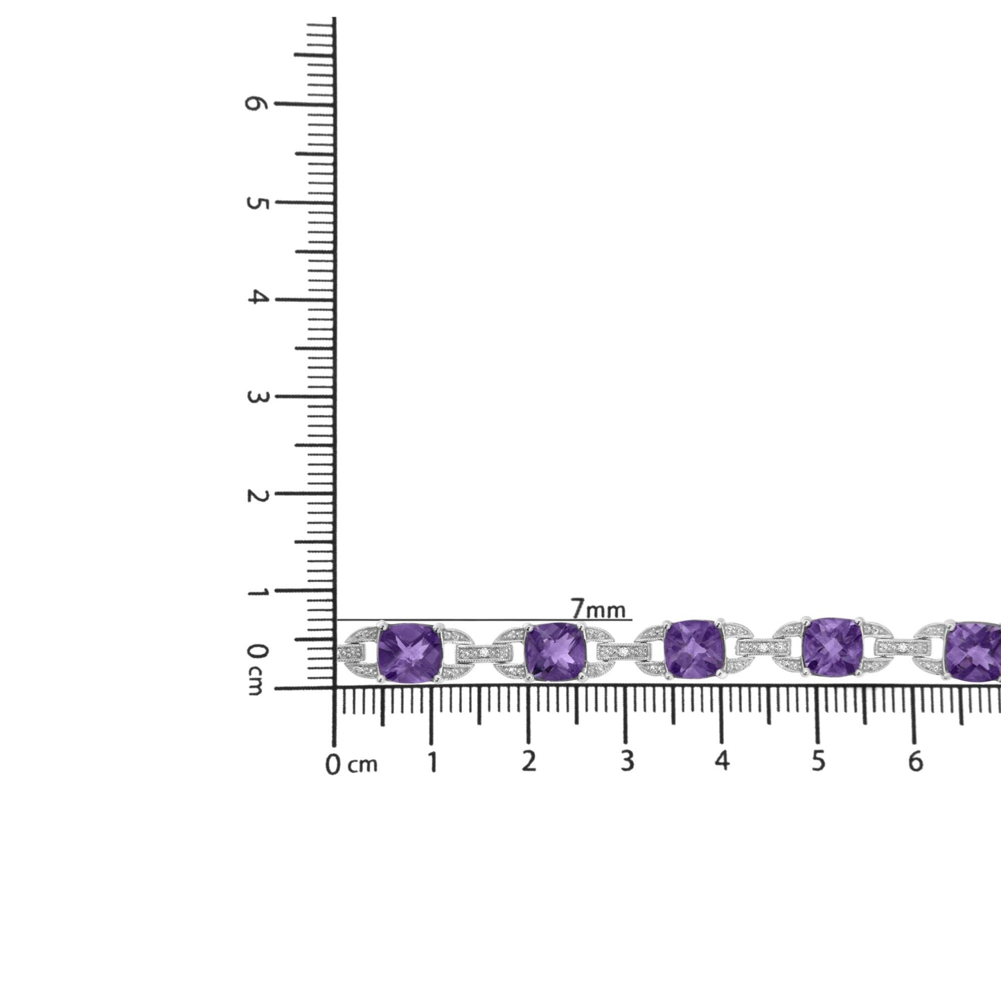 White metal bracelet with alternating cushion-shaped purple gemstones and round white gemstones in prong settings, displayed flat on a ruler for size reference, top-down angle.