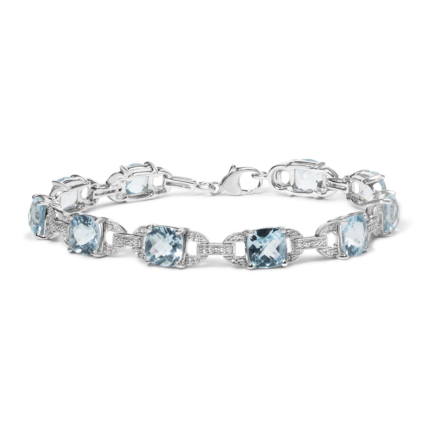 White metal bracelet with alternating round white gemstones and cushion-shaped blue gemstones in prong settings, shown in a front angled view.