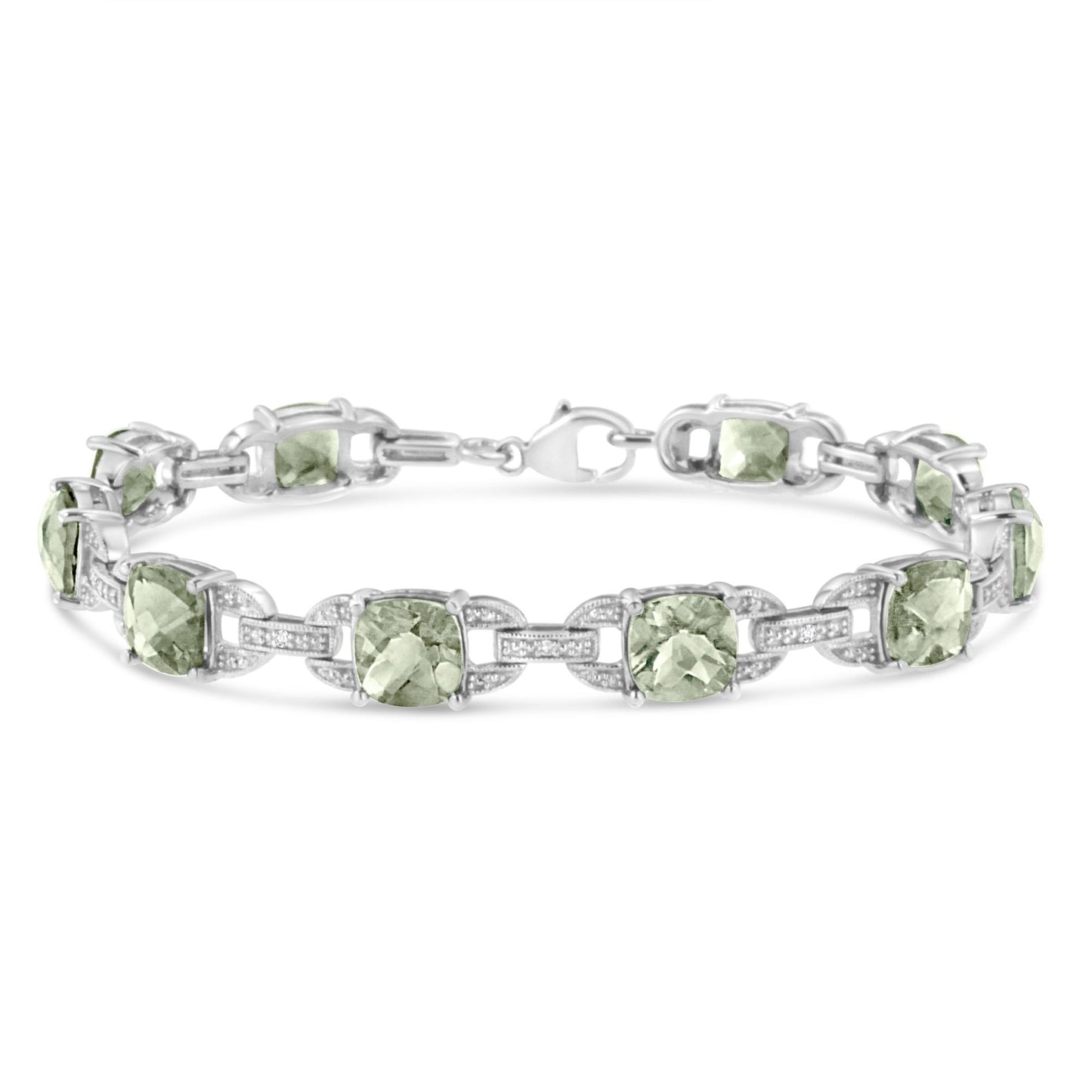 White metal bracelet with green cushion-shaped gemstones and white round gemstones in prong settings, shown in a front-facing angle on a white background.