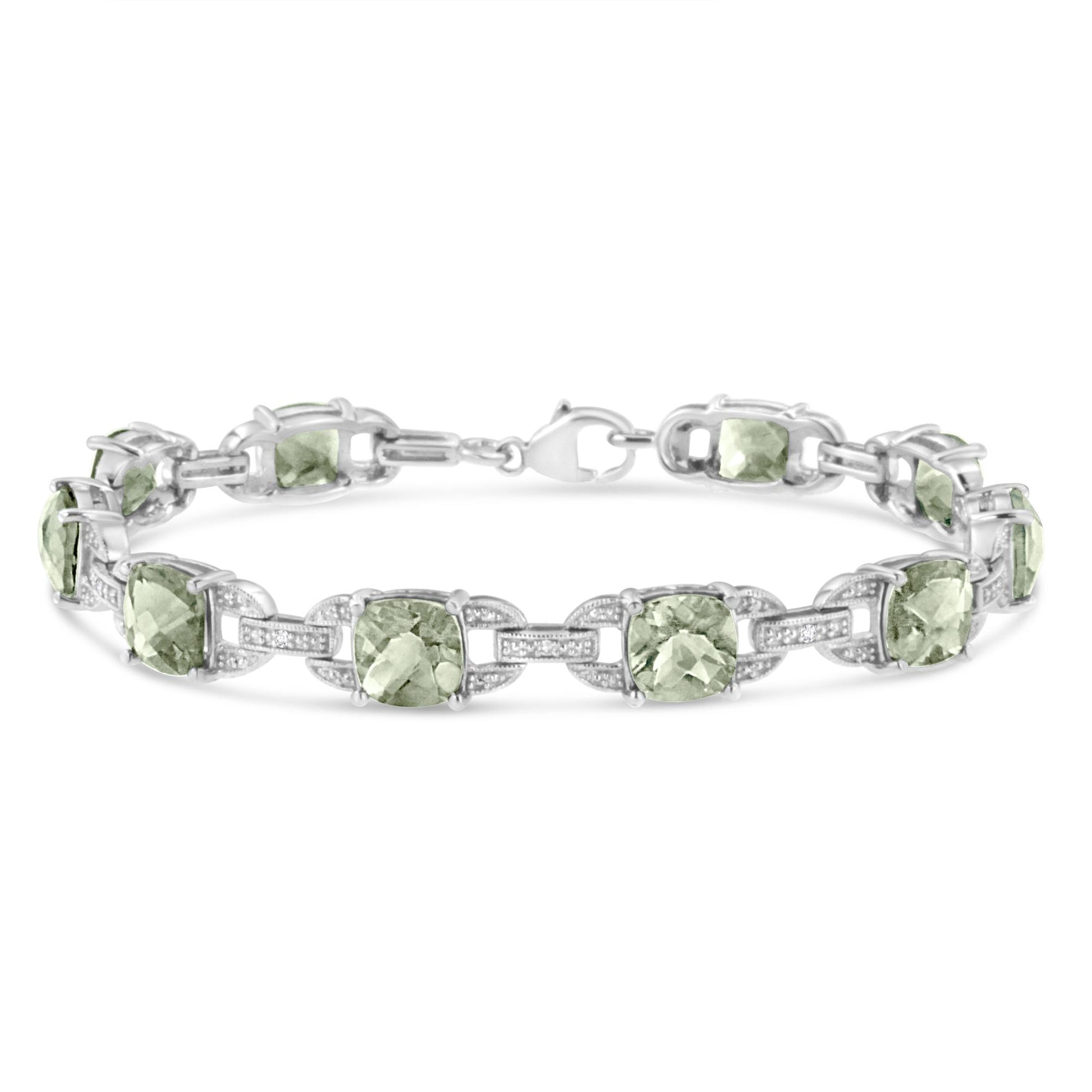 White metal bracelet with green cushion-shaped gemstones and white round gemstones in prong settings, shown in a front-facing angle on a white background.