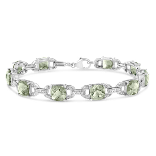 White metal bracelet with green cushion-shaped gemstones and white round gemstones in prong settings, shown in a front-facing angle on a white background.