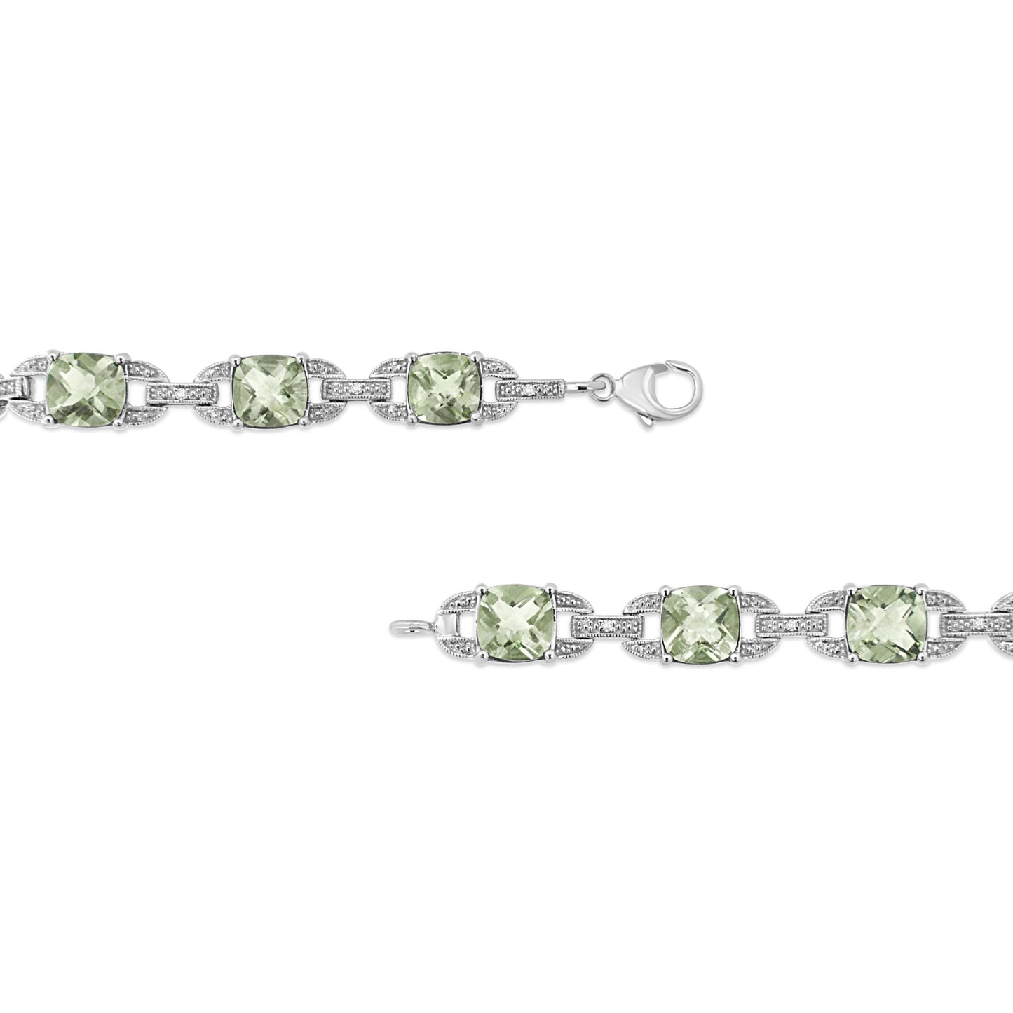 Close-up top-down view of a white metal bracelet featuring cushion-shaped green gemstones and round white gemstones in prong settings, with a lobster clasp.