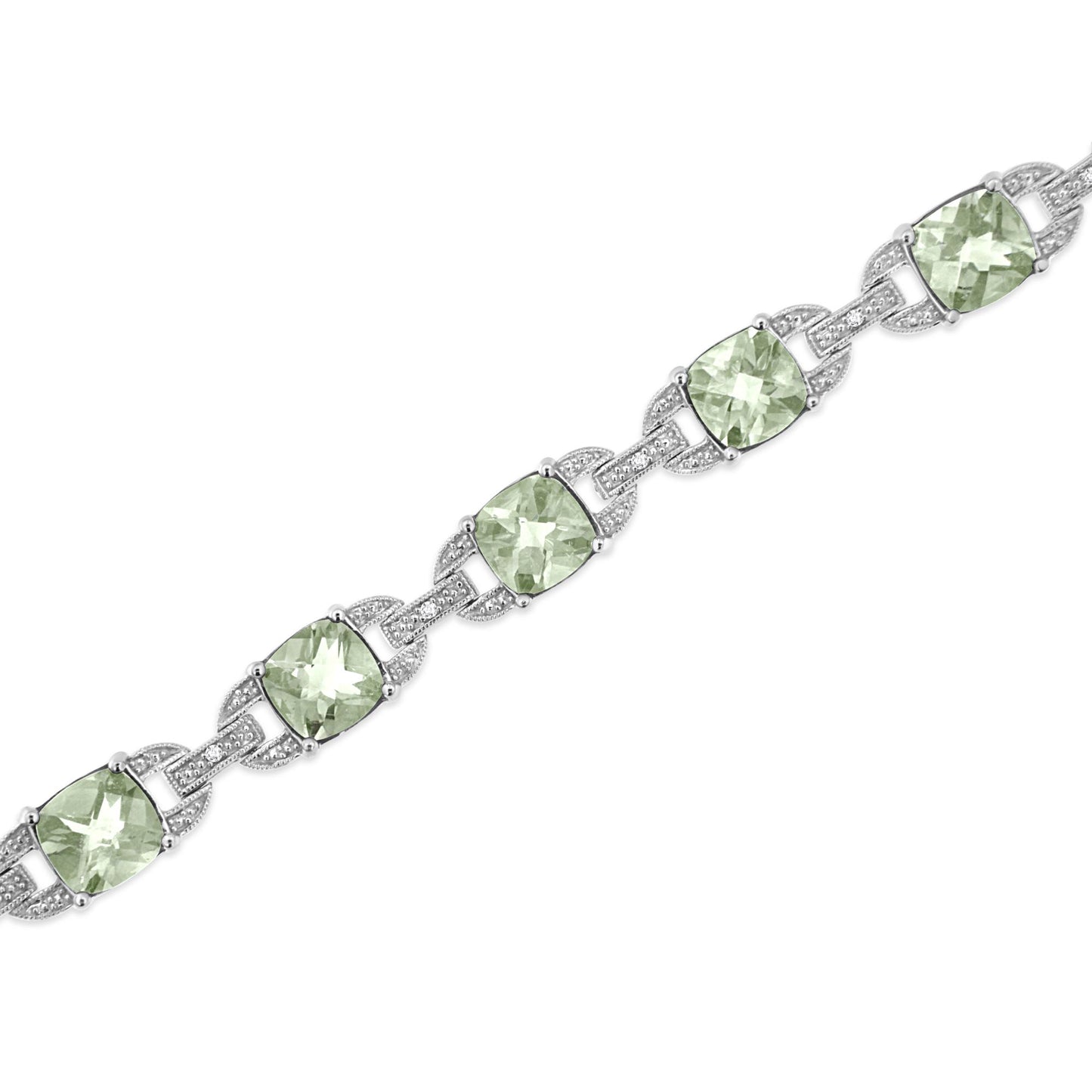 White metal bracelet with alternating green cushion-shaped gemstones and white round gemstones in prong settings, shown in a diagonal close-up view.