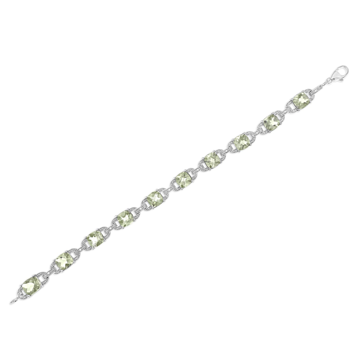 White metal bracelet with alternating square green gemstones and small round white gemstones in prong settings, shown from an angled top view on a white background.