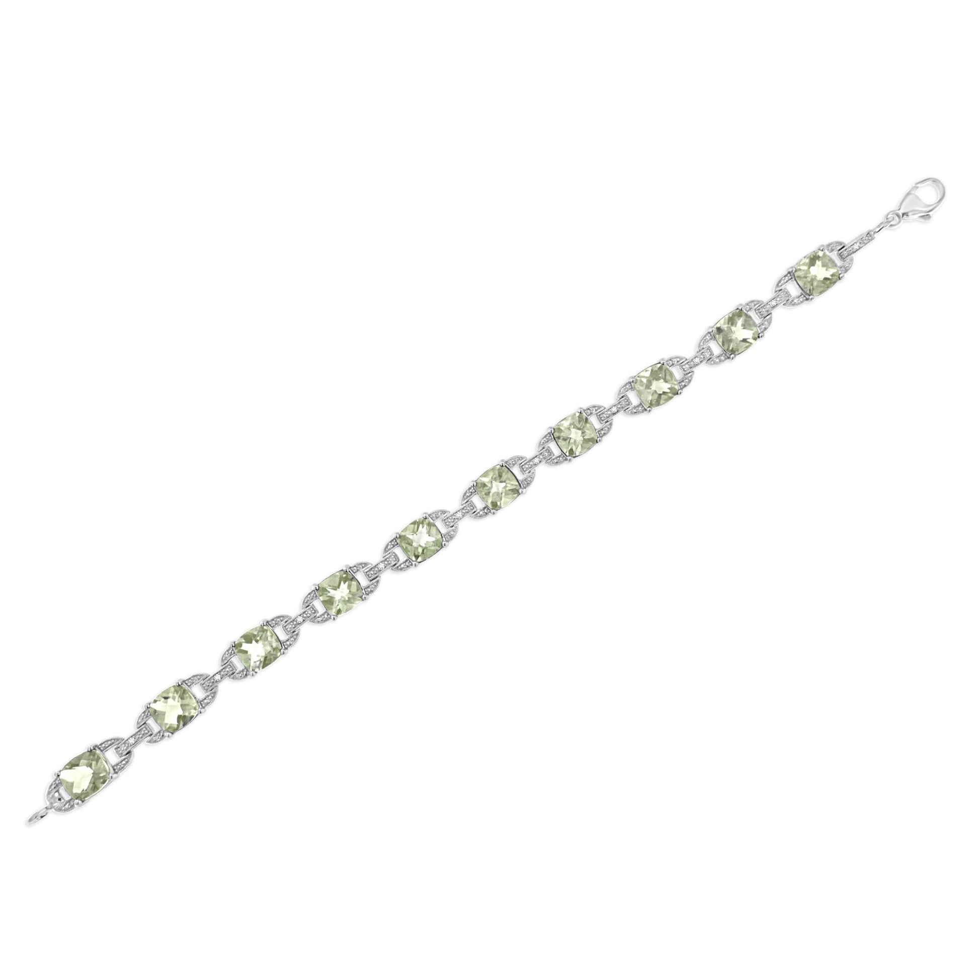 White metal bracelet with alternating square green gemstones and small round white gemstones in prong settings, shown from an angled top view on a white background.