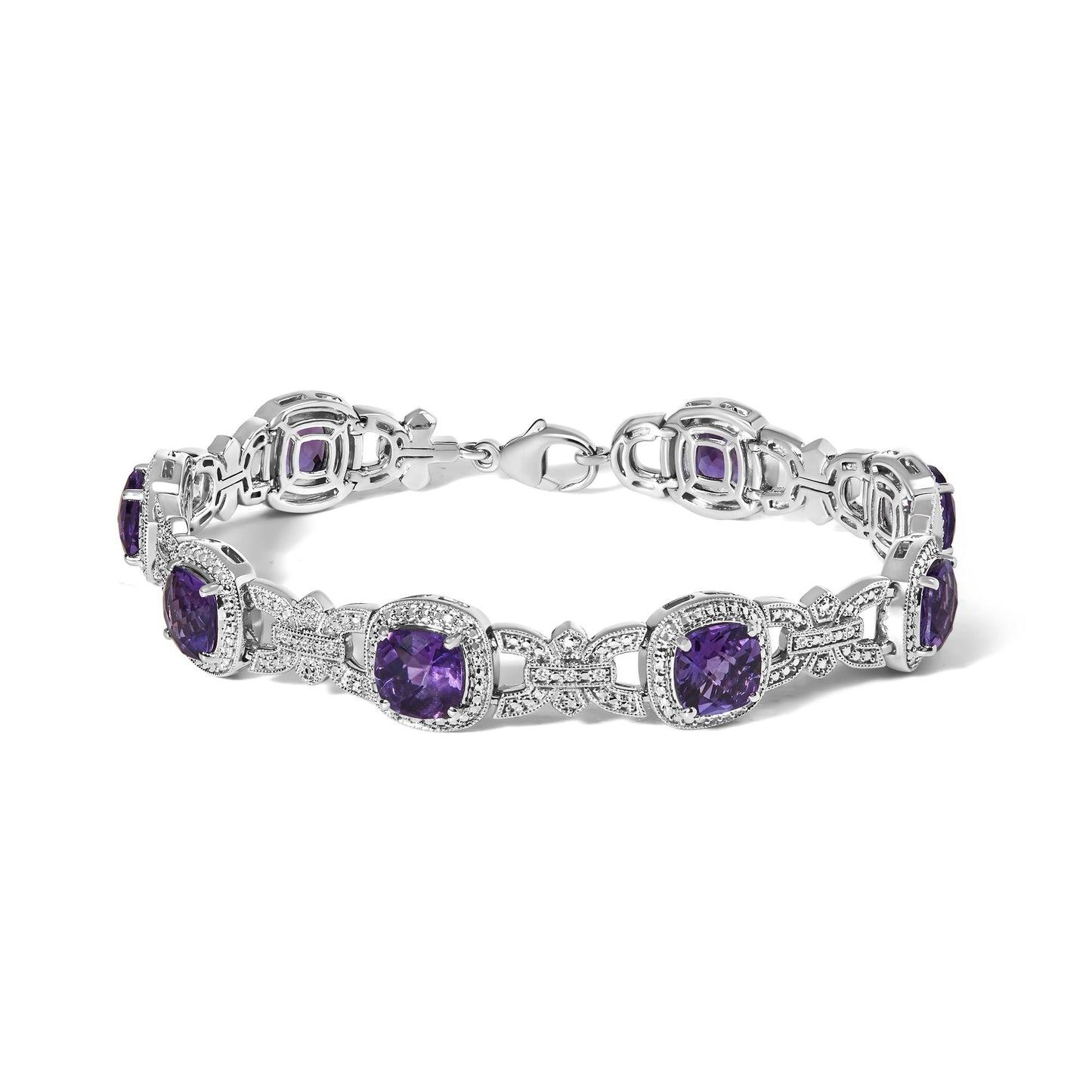 Silver Cushion-Cut Purple Amethyst & Diamond Vintage Halo Link Bracelet