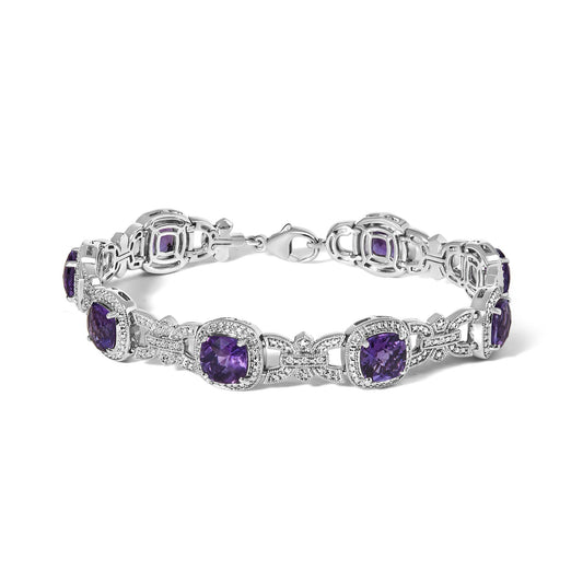 Silver Cushion-Cut Purple Amethyst & Diamond Vintage Halo Link Bracelet