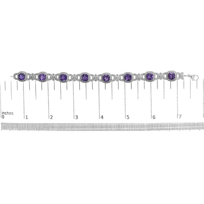 Silver Cushion-Cut Purple Amethyst & Diamond Vintage Halo Link Bracelet