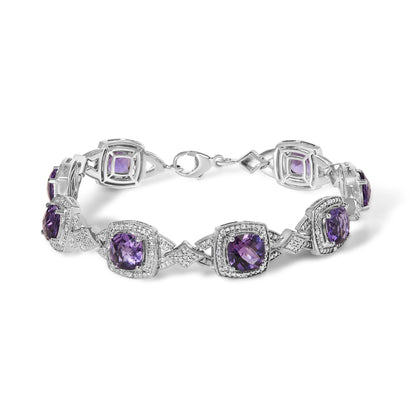 Sterling Silver Cushion-Cut Purple Amethyst & Diamond Vintage Halo Link Bracelet