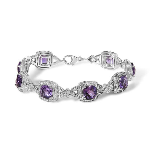 Sterling Silver Cushion-Cut Purple Amethyst & Diamond Vintage Halo Link Bracelet