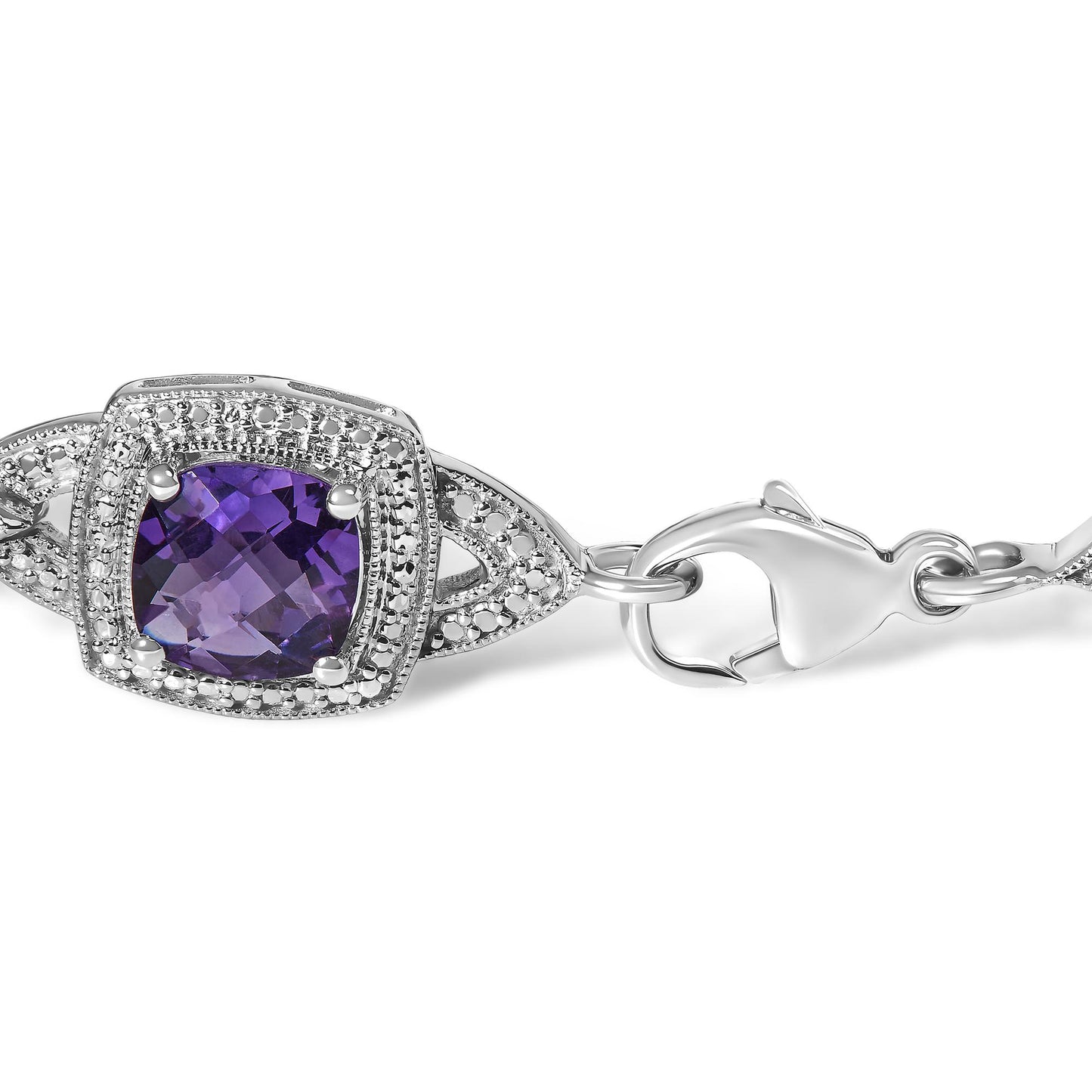 Sterling Silver Cushion-Cut Purple Amethyst & Diamond Vintage Halo Link Bracelet