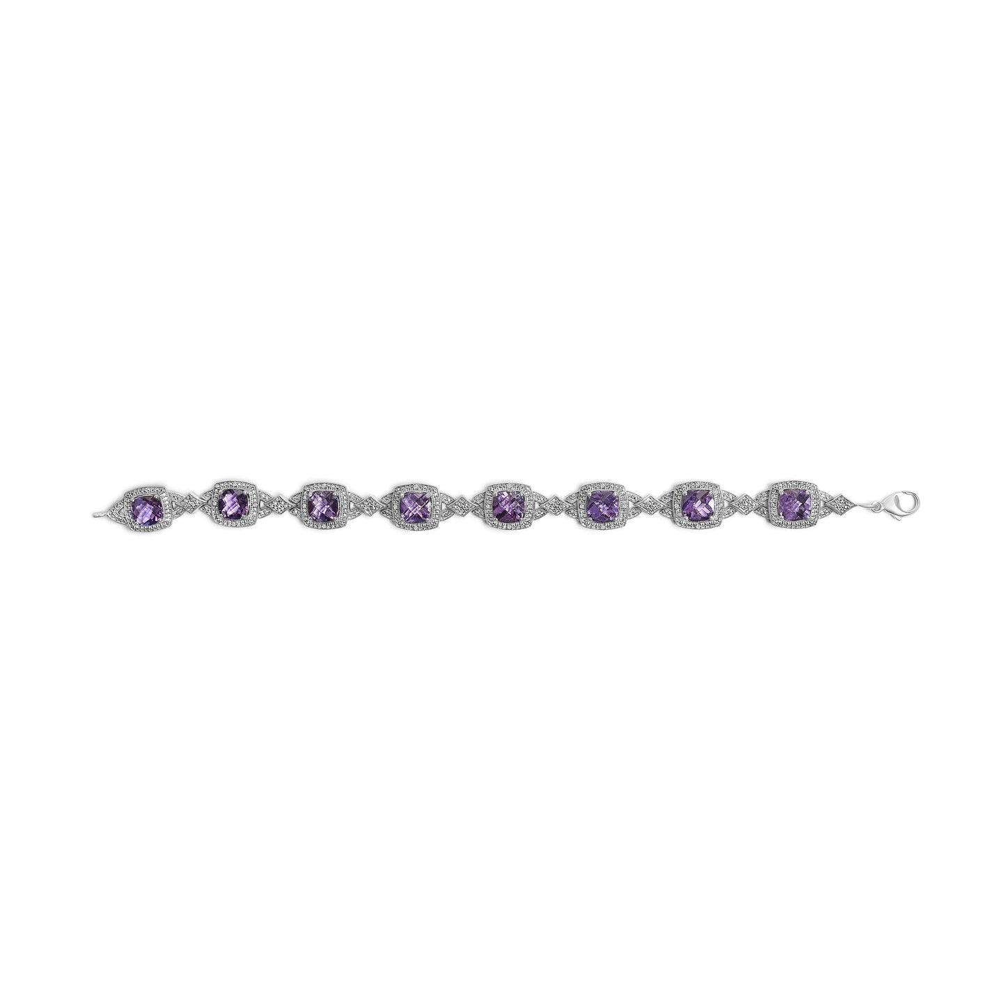 Sterling Silver Cushion-Cut Purple Amethyst & Diamond Vintage Halo Link Bracelet
