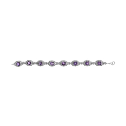 Sterling Silver Cushion-Cut Purple Amethyst & Diamond Vintage Halo Link Bracelet
