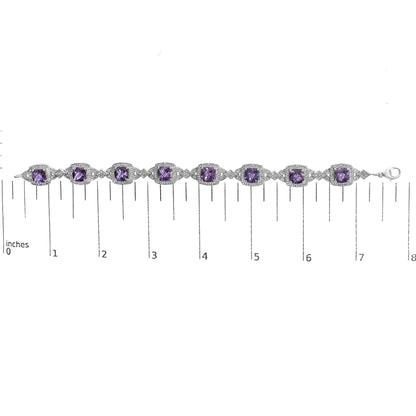 Sterling Silver Cushion-Cut Purple Amethyst & Diamond Vintage Halo Link Bracelet