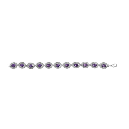 Sterling Silver 5x7 MM Oval Purple Amethyst & Diamond Halo Link Bracelet