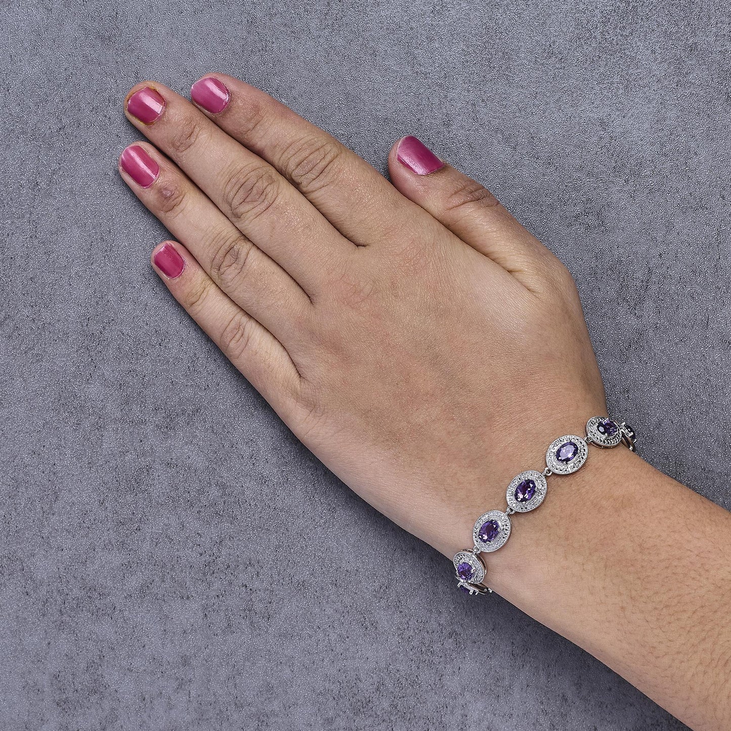 Sterling Silver 5x7 MM Oval Purple Amethyst & Diamond Halo Link Bracelet