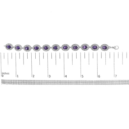 Sterling Silver 5x7 MM Oval Purple Amethyst & Diamond Halo Link Bracelet