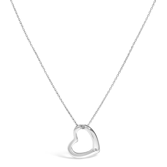 Close-up front angle of a white necklace with an open heart-shaped pendant featuring a small round white gemstone in bezel setting.
