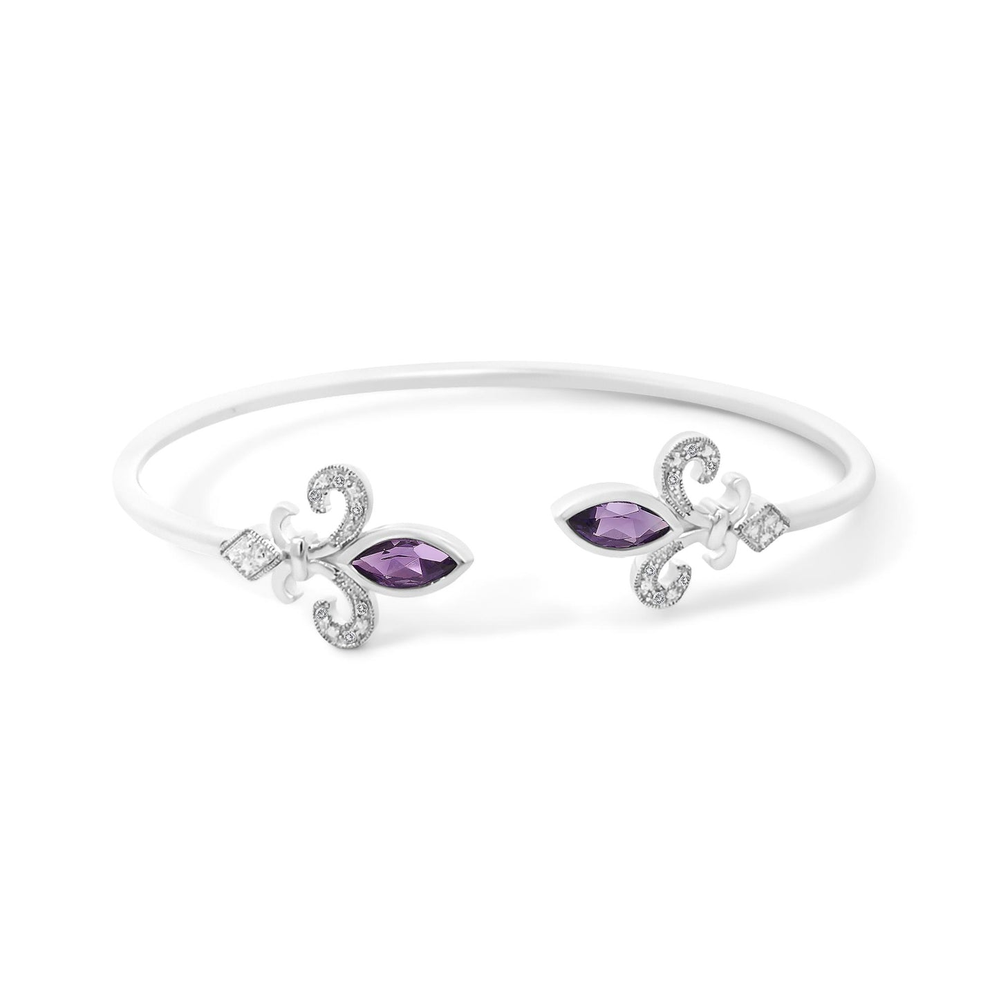 White bracelet with open ends featuring purple marquise-shaped gemstones set in bezel settings, and decorative white round gemstones in pave settings, shown on a white background from a front angle.