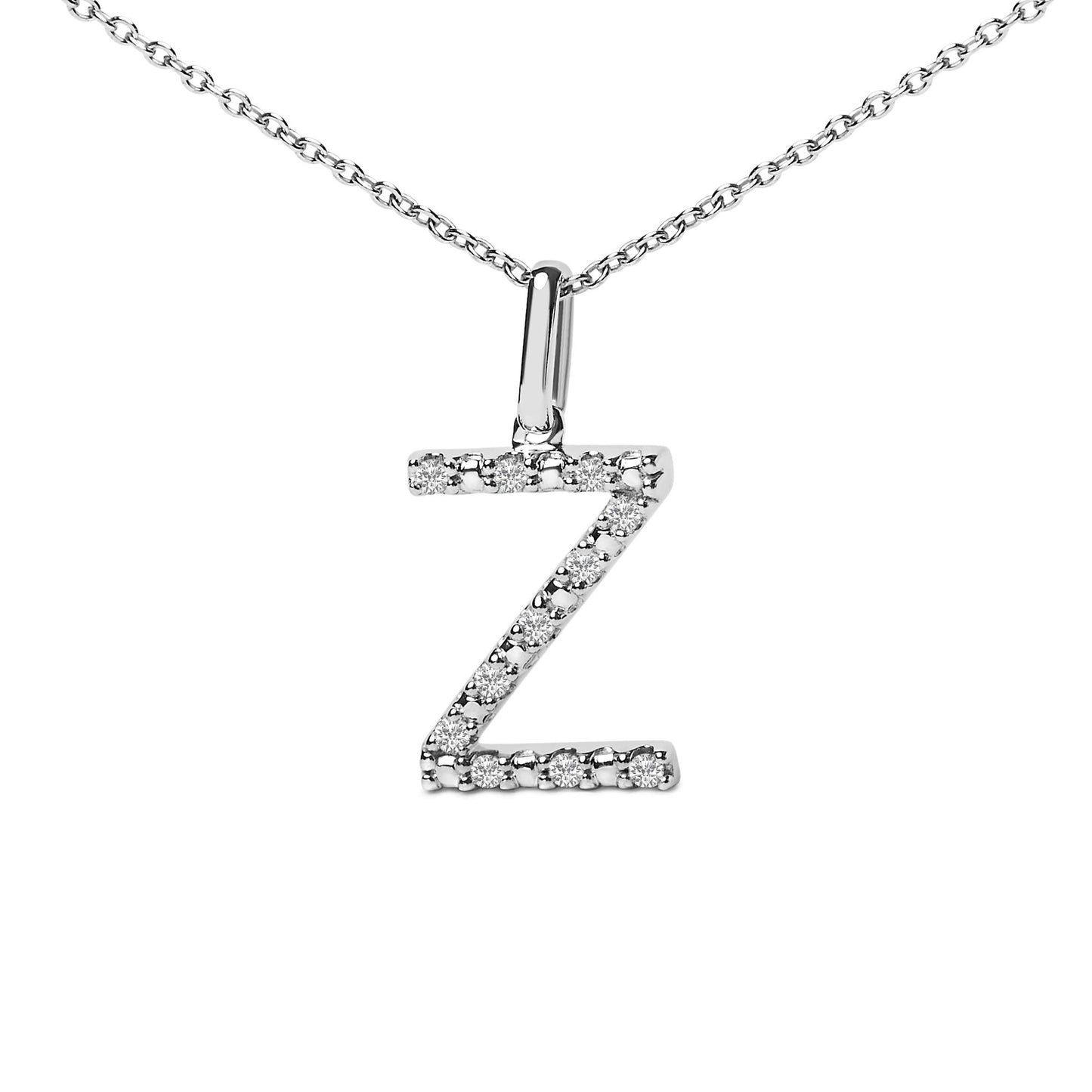 Close-up front view of a white metal necklace featuring a pendant shaped like the letter Z, adorned with round white gemstones in micro-pave setting along its edges.