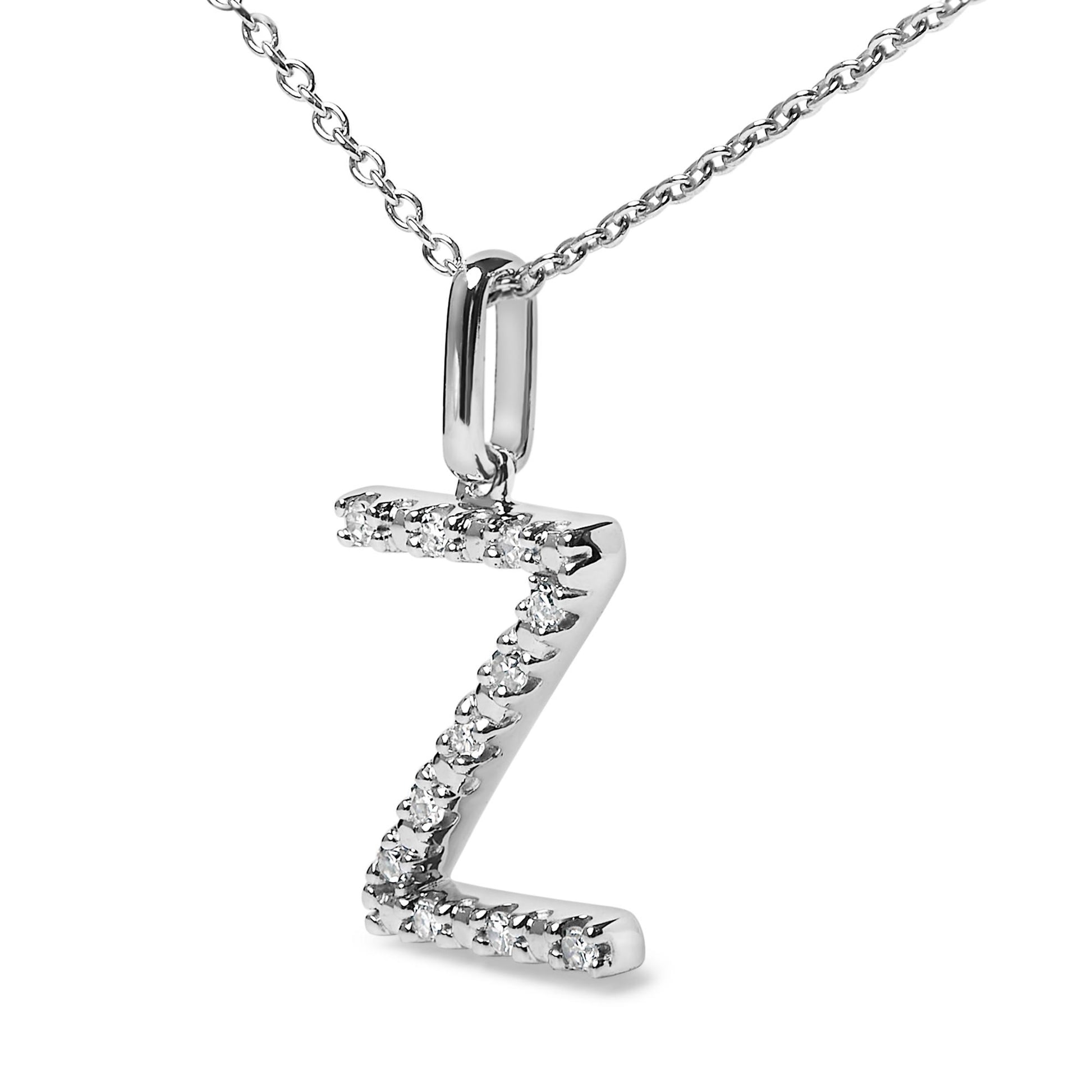 Close-up front angle of a white necklace chain with a pendant shaped as the letter Z, adorned with white round gemstones in a micro-pave setting.