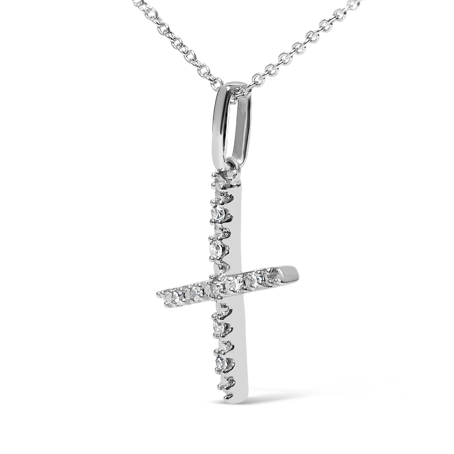Close-up front view of a white metal cross pendant necklace adorned with round white gemstones in micro-pave setting, displayed on a white background.