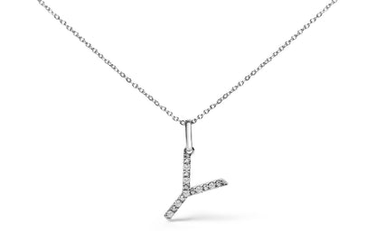 Close-up front view of a white metal necklace with a pendant shaped like the letter 'L' adorned with round white gemstones in a micro-pave setting.