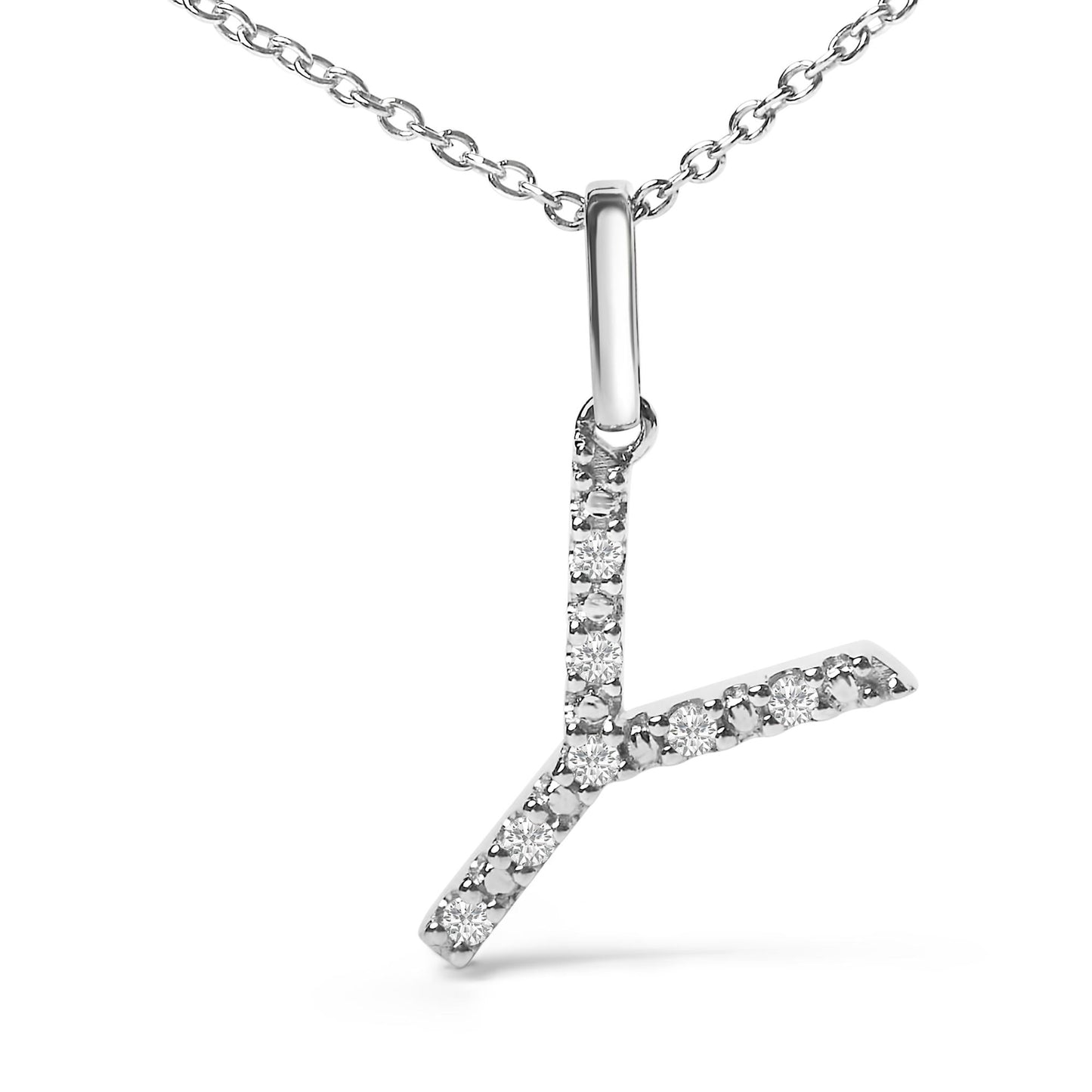 Close-up front view of a white metal necklace with a pendant in the shape of the letter 'L' adorned with round white gemstones in micro-pave setting.
