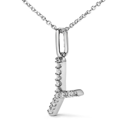 Close-up front angle of a white metal necklace pendant in the shape of the letter 'L' adorned with round white gemstones in a micro-pave setting, hanging from a chain with oval links.