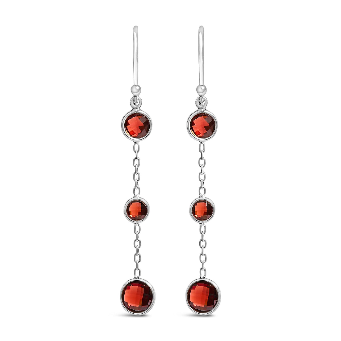 Pair of white metal drop earrings with three bezel-set round red gemstones connected by delicate chain links, shown in a front-facing view on a white background.