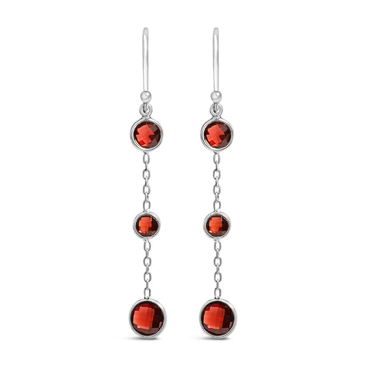 Pair of white metal drop earrings with three bezel-set round red gemstones connected by delicate chain links, shown in a front-facing view on a white background.