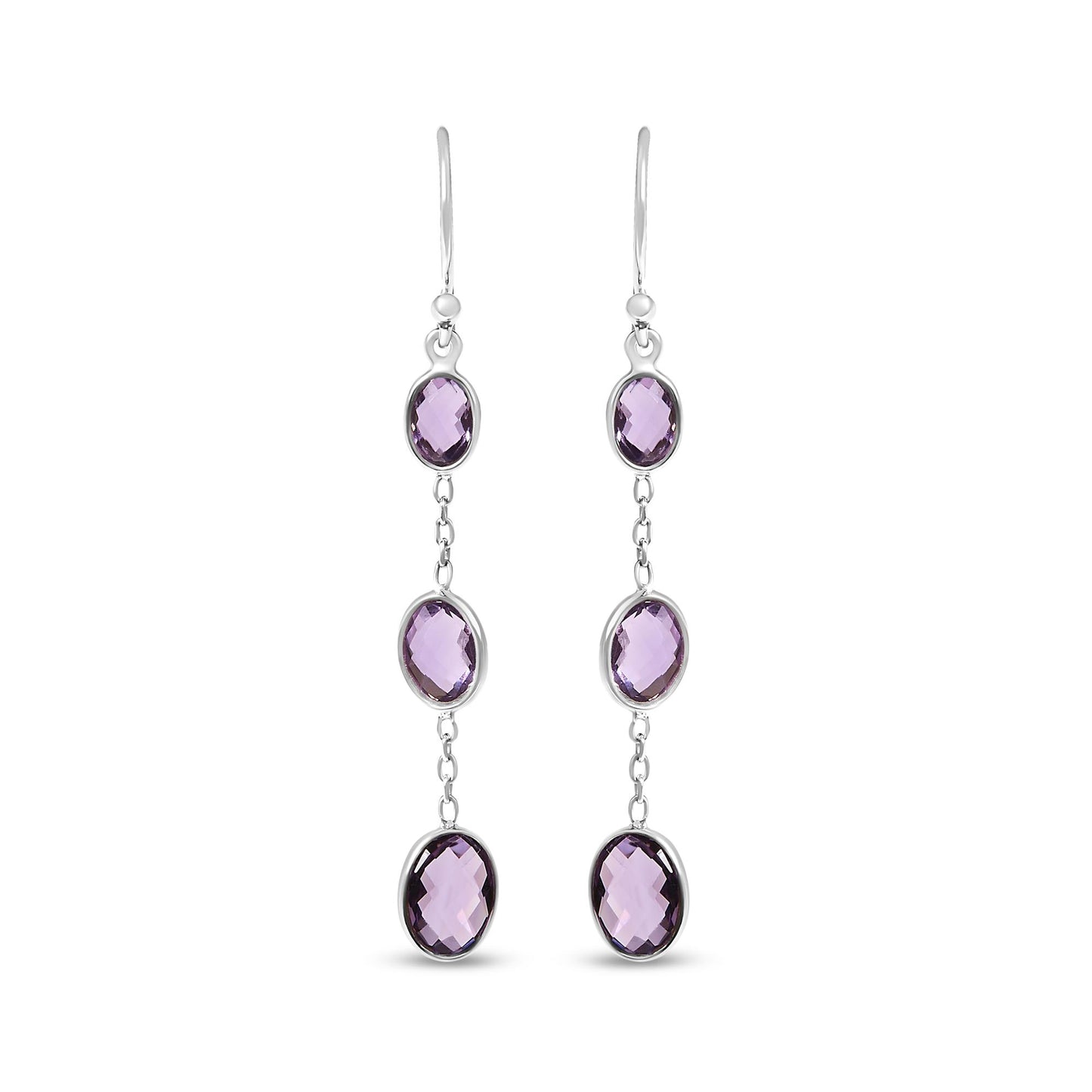 Front view of white metal dangle earrings featuring three oval purple gemstones in bezel settings connected by small links.