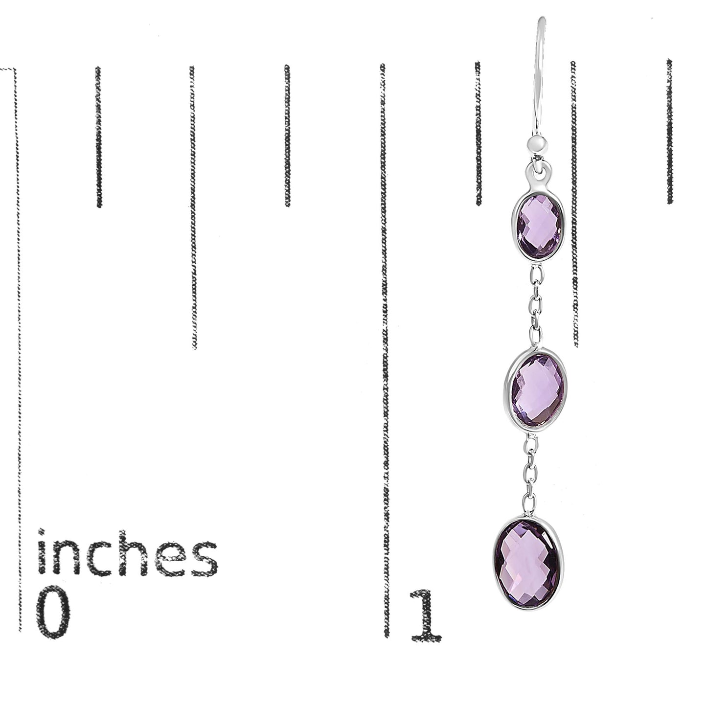 Close-up front view of a white metal dangle earring with three oval purple gemstones in bezel settings, shown against a ruler for size reference.