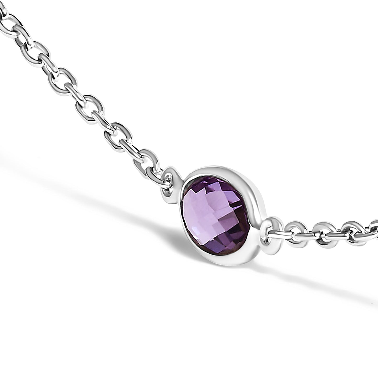 Close-up front angle of a white metal necklace chain featuring a purple oval-shaped gemstone in a bezel setting.