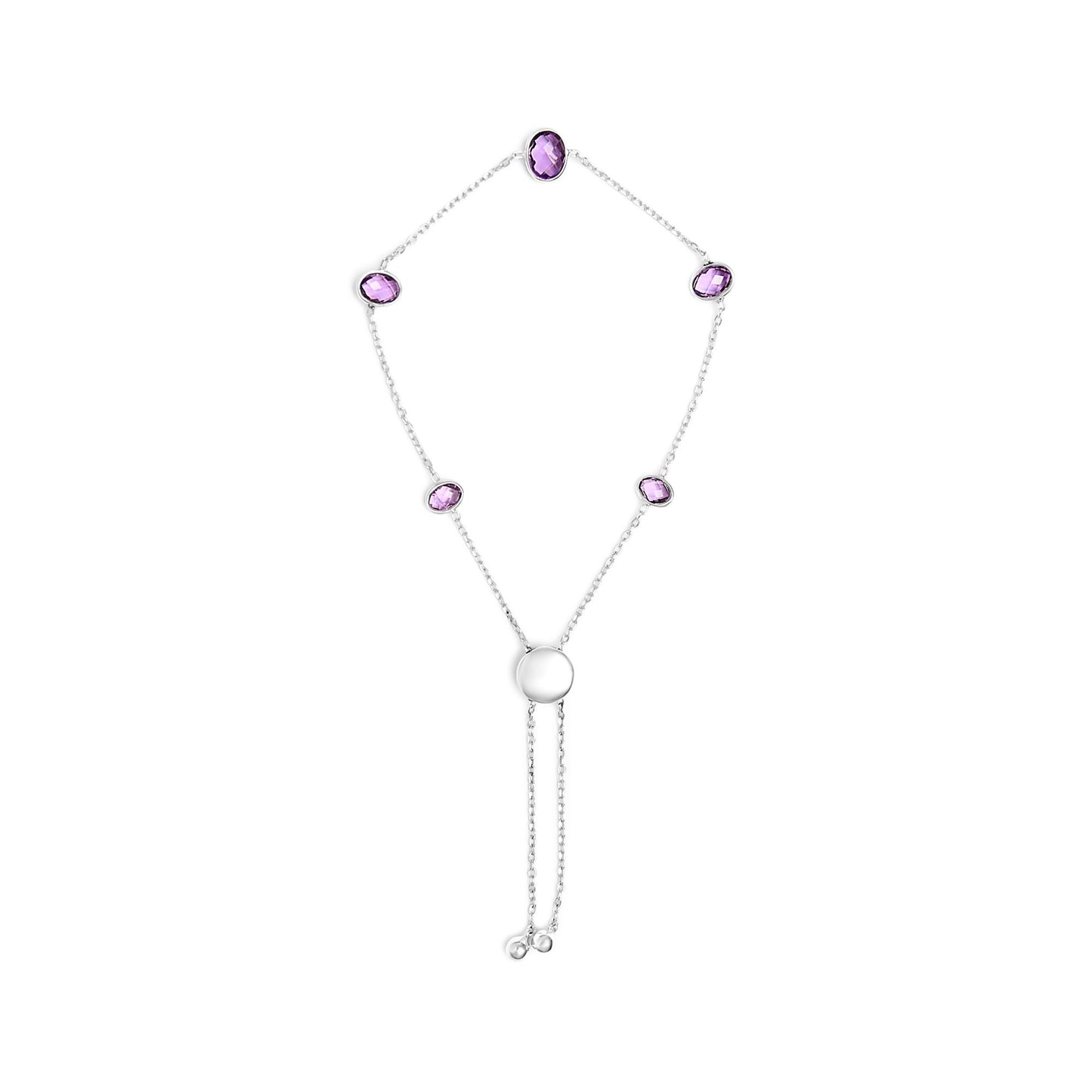 Top-down view of a white metal bracelet with several oval purple gemstones set in bezels connected by a delicate chain, featuring an adjustable sliding clasp with two small round metal ends.