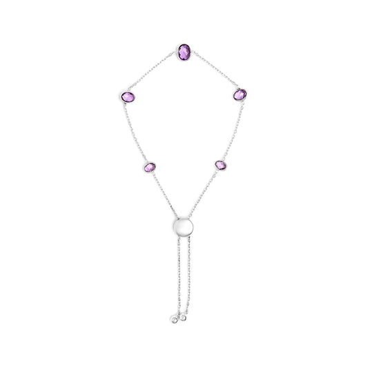 Top-down view of a white metal bracelet with several oval purple gemstones set in bezels connected by a delicate chain, featuring an adjustable sliding clasp with two small round metal ends.