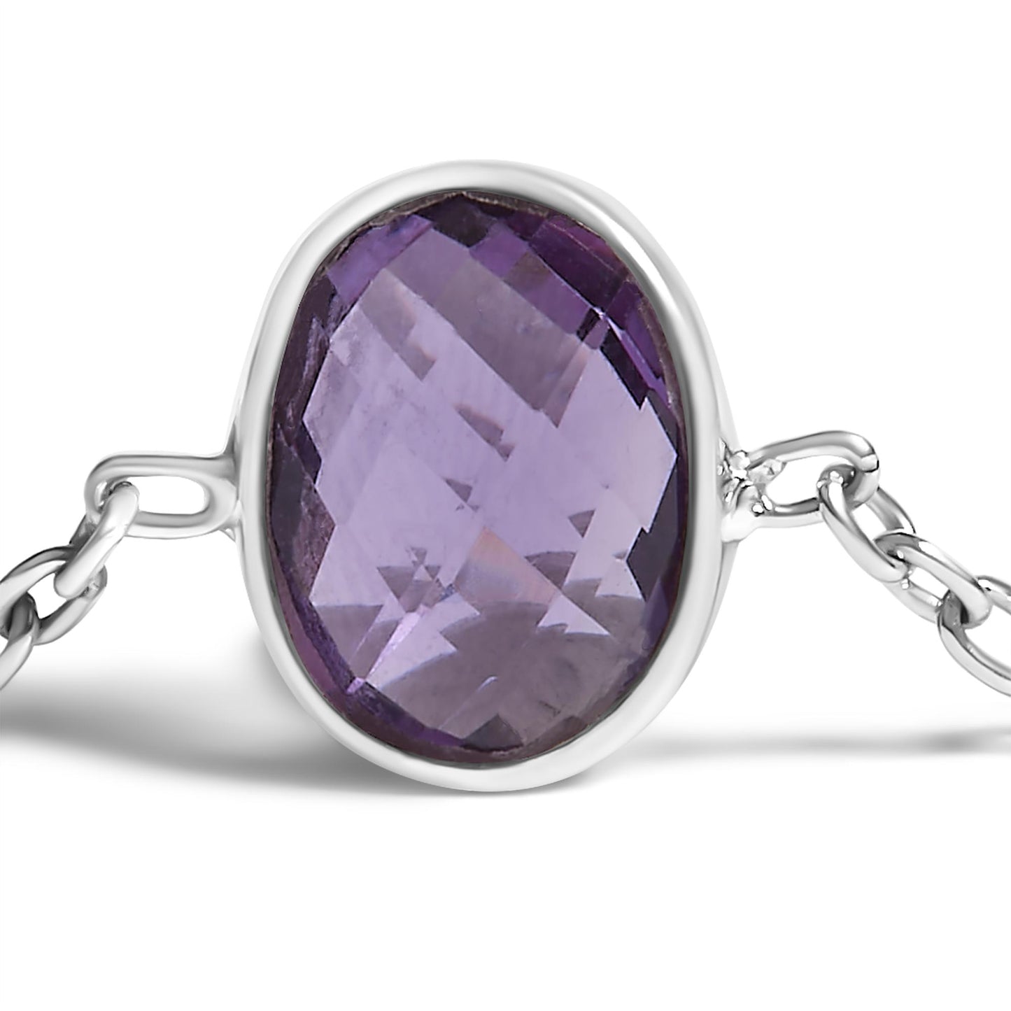 Close-up front angle of a white metal bracelet featuring an oval purple gemstone in a bezel setting.