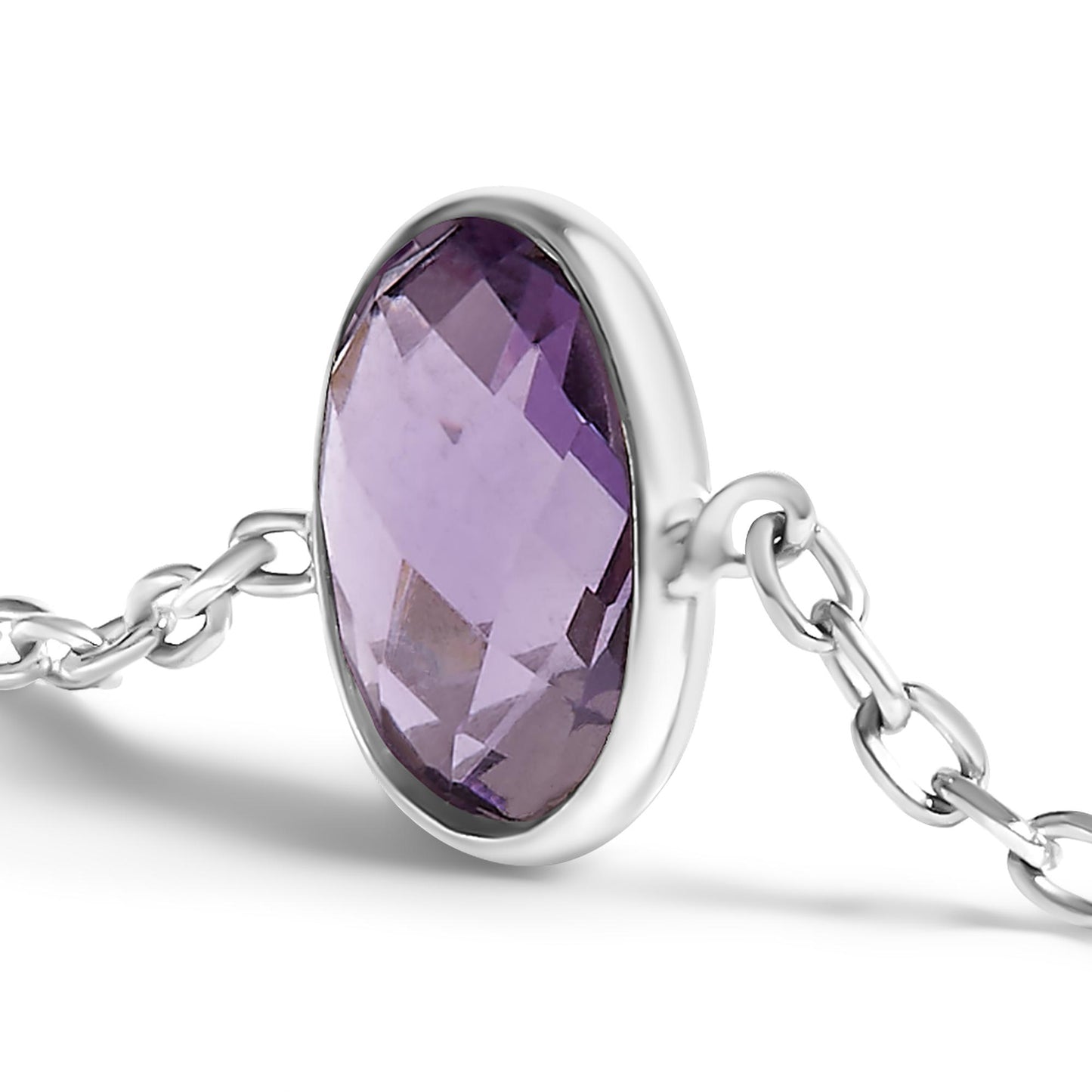 Close-up angled view of a white metal bracelet featuring an oval purple gemstone in a bezel setting with a linked chain.