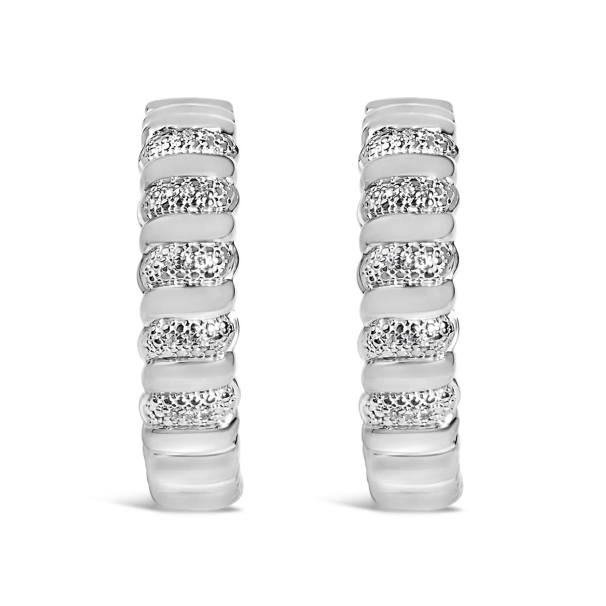 Sterling Silver 1/10 Cttw Round Diamond Pavé Ribbed Hoop Earrings