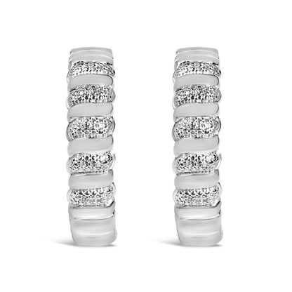 Sterling Silver 1/10 Cttw Round Diamond Pavé Ribbed Hoop Earrings